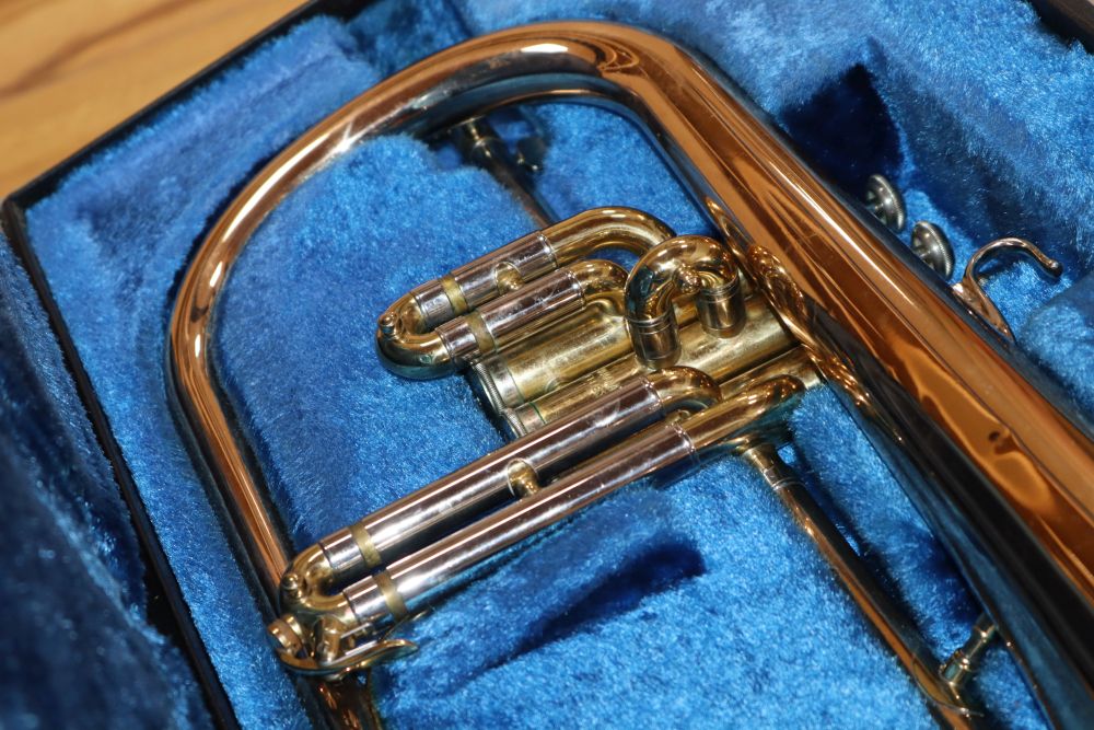 A Yamaha trumpet and a cased camera